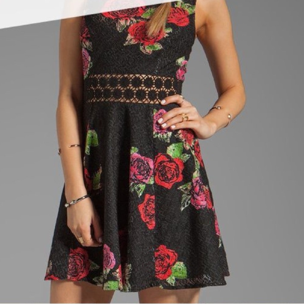 Free People Black and Red Floral Lace Mini Dress